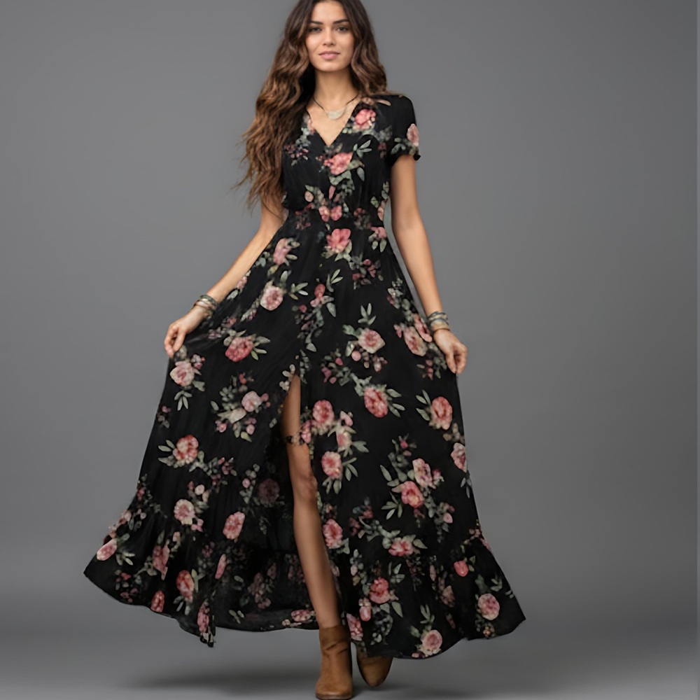 Black Boho Floral Print Button Front Split Thigh Dress